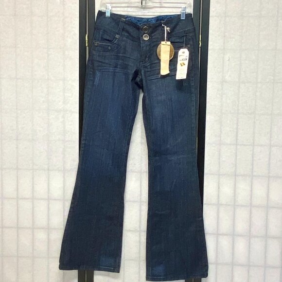 XOXO Denim - XOXO Low Rise Embroidered Flared Denim Jeans Light Distress Medium Wash NWT 7/8